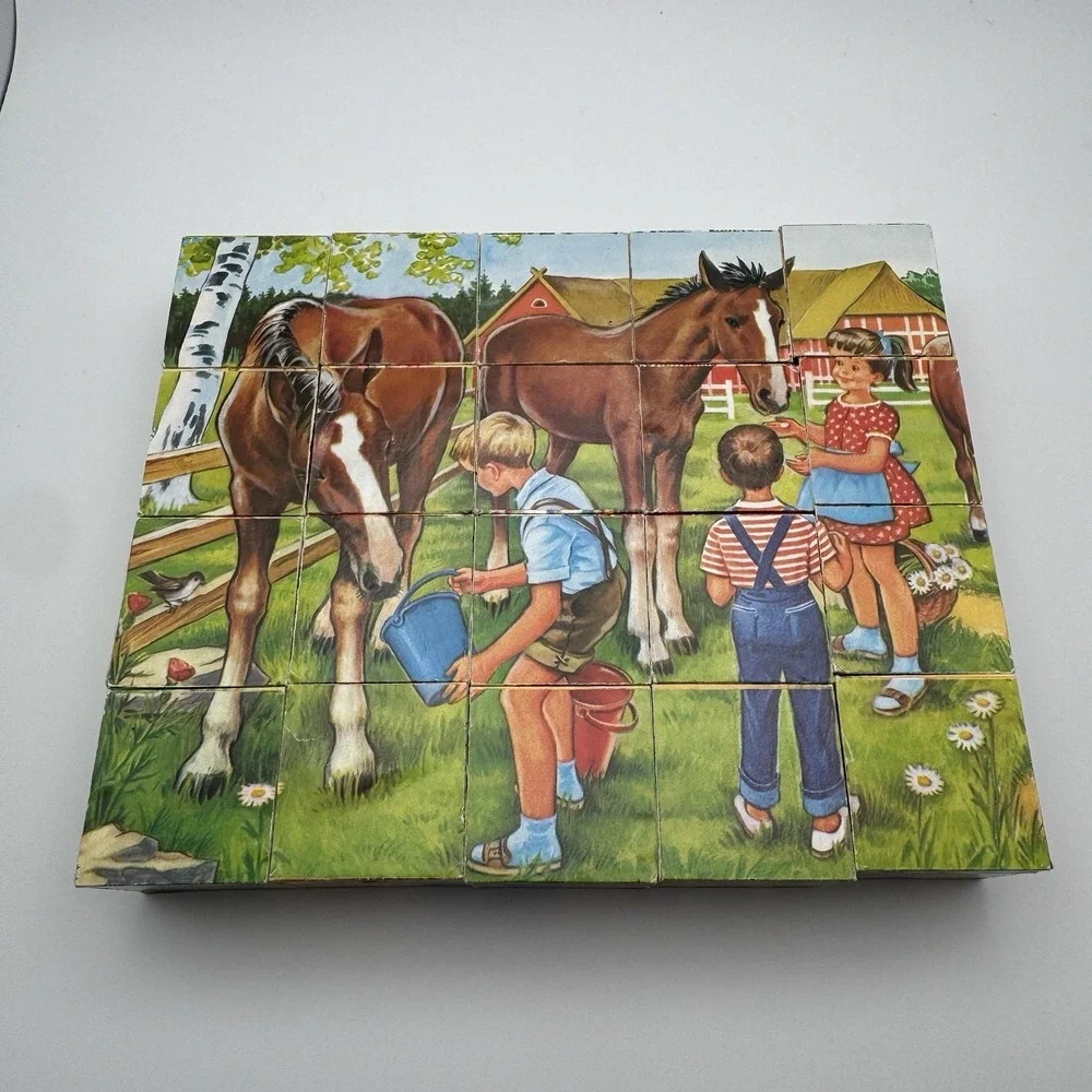 Vtg 20 Cube Puzzle Block Set 4 Sided West Germany ~ Cat Horse Cow Children Dogs